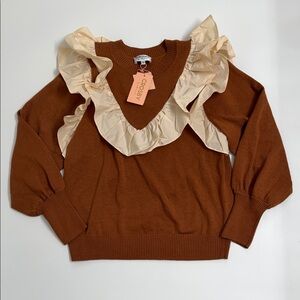 CROSBY by Mollie Burch Brown Sweater with Cream Ruffles Cotton Trim XS